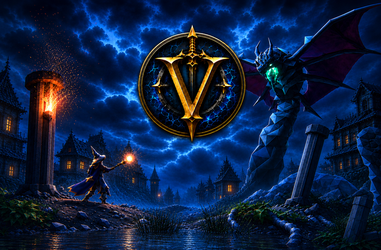 Arkenor client artwork showing an adventurer facing a dragon